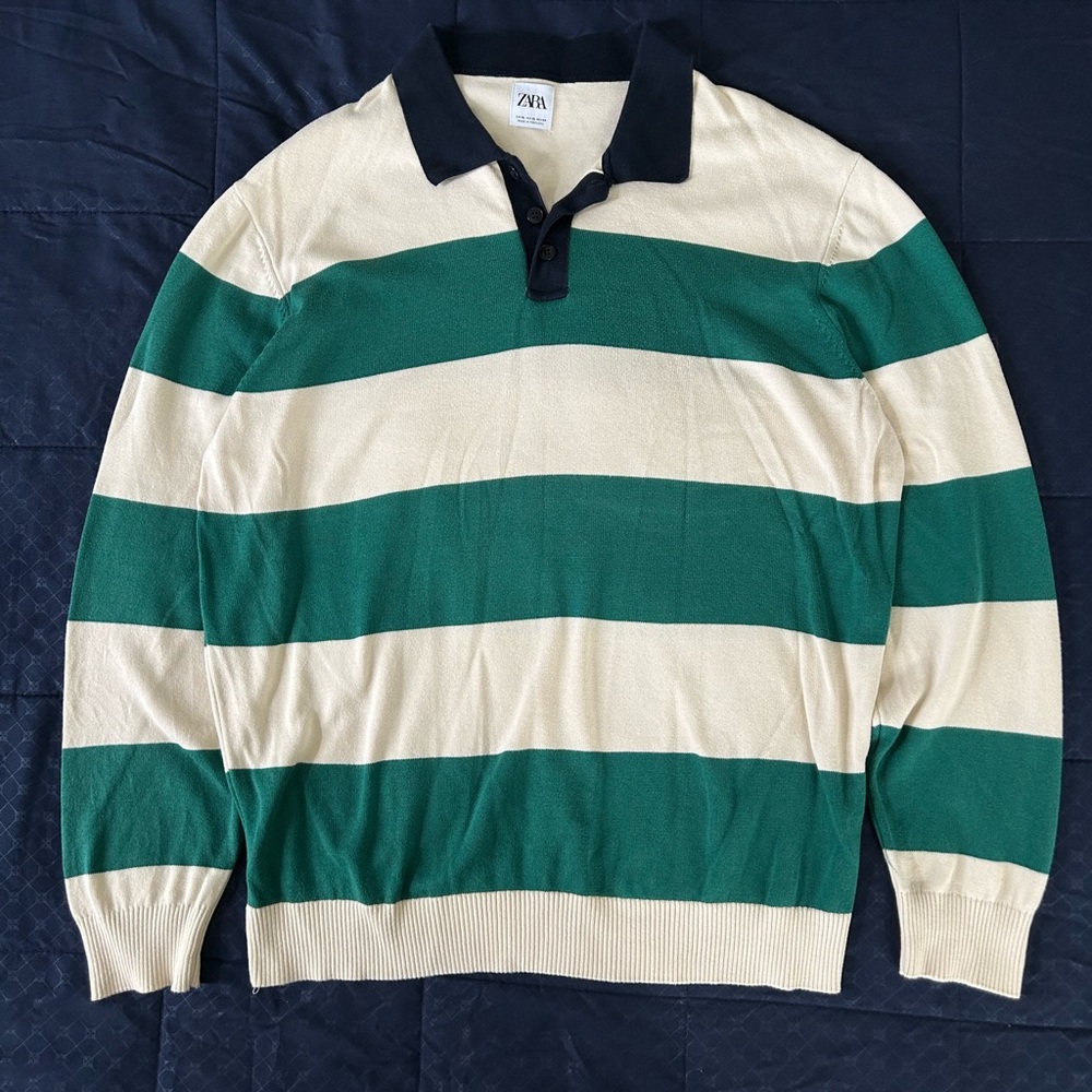 Zara Green and Cream Striped Polo Sweater